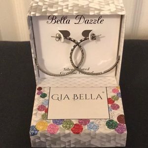 GIA BELLA PIERCED HOOP EARRINGS. JET BLACK & CLEAR ALTERNATING CRYSTALS STRETCHY